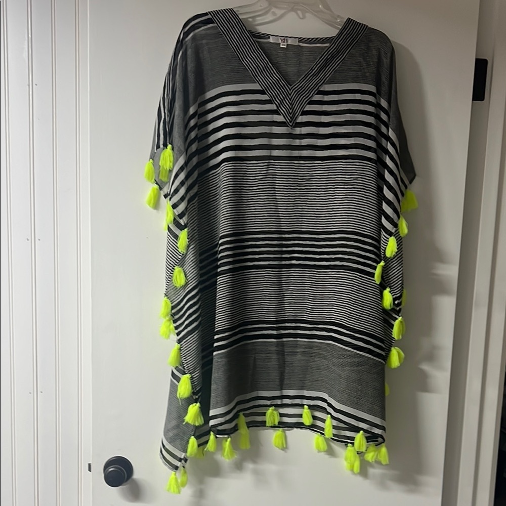 S/MSwim Coverup Striped Black and White Poncho with Neon Yellow Tassels